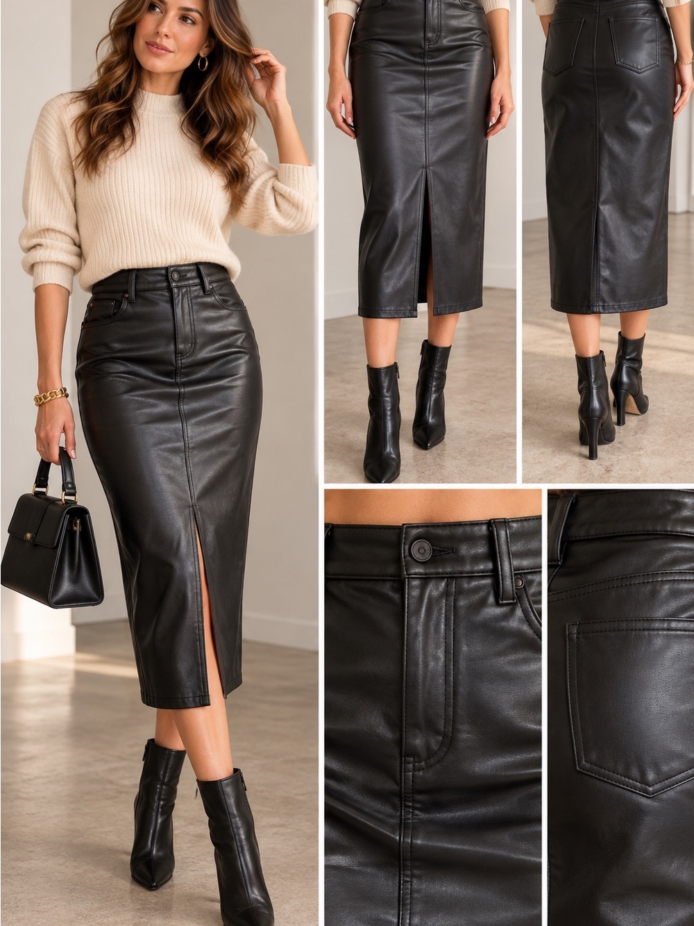 Abercrombie & Fitch Black Faux Leather Midi Pencil Skirt with Front Slit, 30P